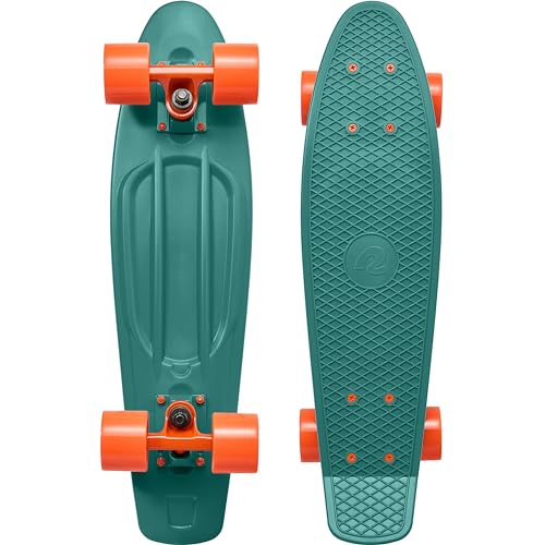 WhiteFang Quip Mini Cruiser Skateboard 22.5" Classic Retro Plastic Cruiser Complete Skateboard with ABEC 7 Bearings and PU Wheels Compact Board w/Grippy, Molded Waffle Deck