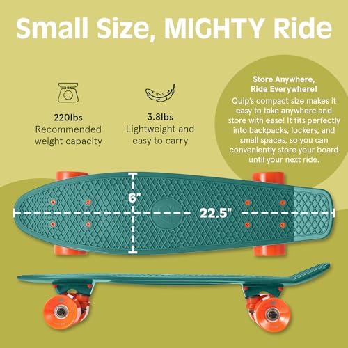 WhiteFang Quip Mini Cruiser Skateboard 22.5" Classic Retro Plastic Cruiser Complete Skateboard with ABEC 7 Bearings and PU Wheels Compact Board w/Grippy, Molded Waffle Deck