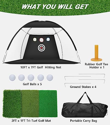 WhiteFang Golf Net, 10x7ft Golf Practice Net with Tri-Turf Golf Mat, All in 1 Home Golf Hitting Aid Nets for Backyard Driving Chipping Swing Training with Target/Mat/Balls/Tee/Bag - Gift for Men/Golf Lovers