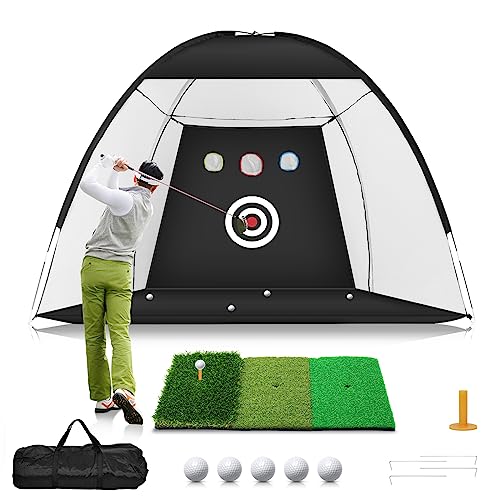 WhiteFang Golf Net, 10x7ft Golf Practice Net with Tri-Turf Golf Mat, All in 1 Home Golf Hitting Aid Nets for Backyard Driving Chipping Swing Training with Target/Mat/Balls/Tee/Bag - Gift for Men/Golf Lovers