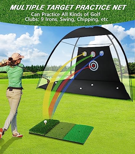 WhiteFang Golf Net, 10x7ft Golf Practice Net with Tri-Turf Golf Mat, All in 1 Home Golf Hitting Aid Nets for Backyard Driving Chipping Swing Training with Target/Mat/Balls/Tee/Bag - Gift for Men/Golf Lovers