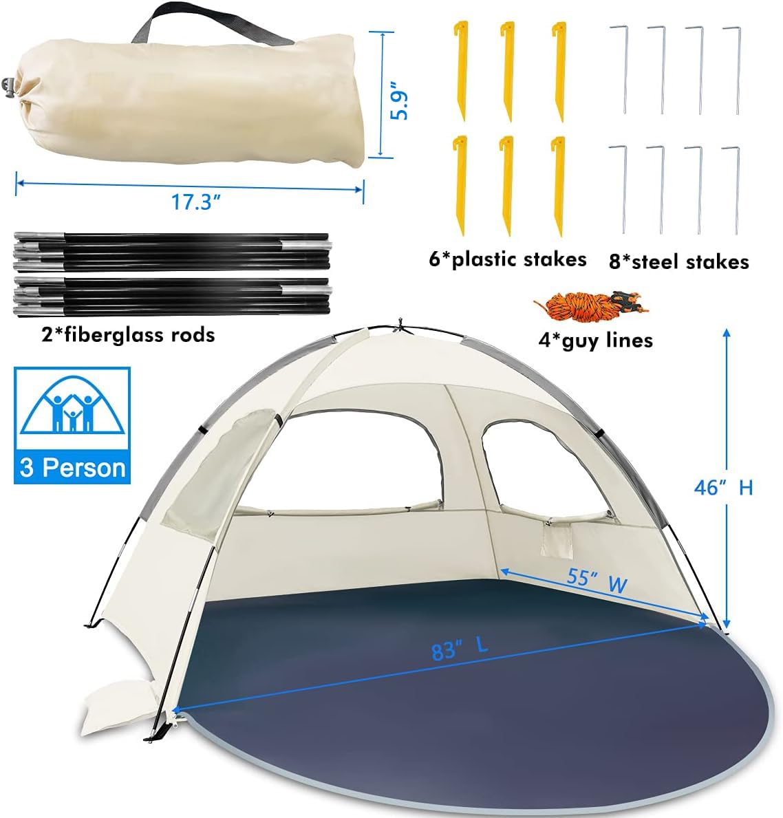 WhiteFang Beach Tent Anti-UV Portable Sun Shade Shelter for 3 Person, Extendable Floor with 3 Ventilating Mesh Windows Plus Carrying Bag, Stakes and Guy Lines (Baby's breath)