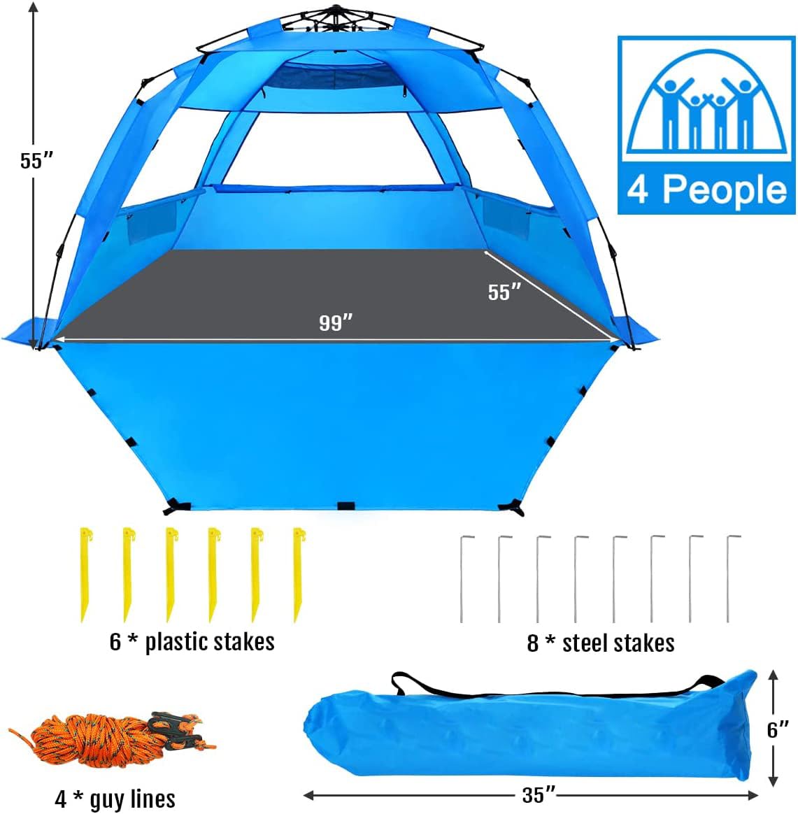 WhiteFang Deluxe XL Pop Up Beach Tent Sun Shade Shelter for 3-4 Person, UV Protection, Extendable Floor with 3 Ventilating Windows Plus Carrying Bag, Stakes, and Guy Lines (Solid Blue)