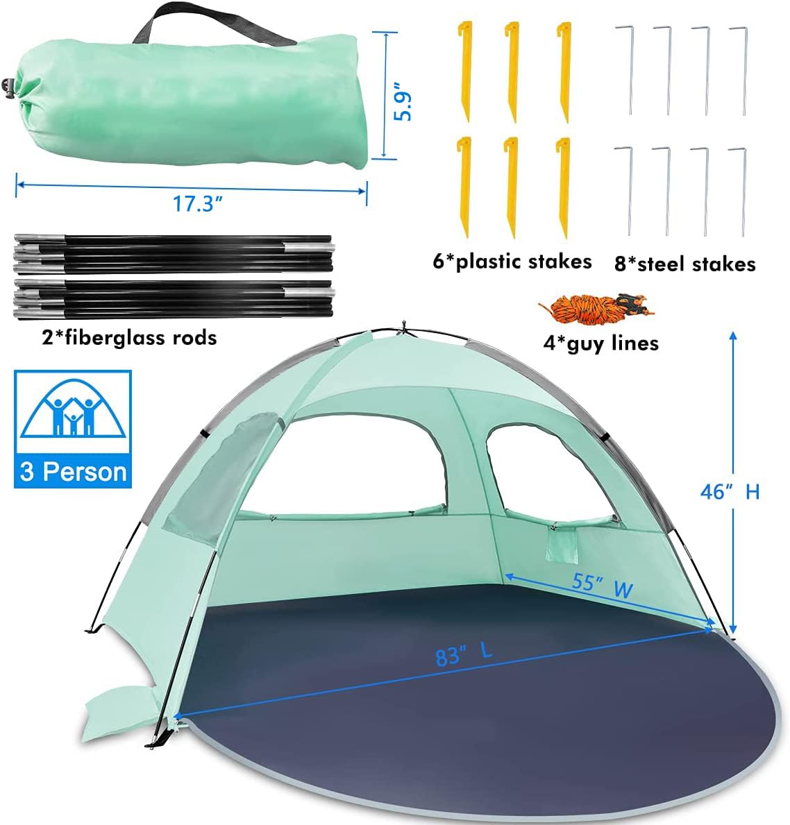 WhiteFang Beach Tent Anti-UV Portable Sun Shade Shelter for 3 Person, Extendable Floor with 3 Ventilating Mesh Windows Plus Carrying Bag, Stakes and Guy Lines (Mint Green)