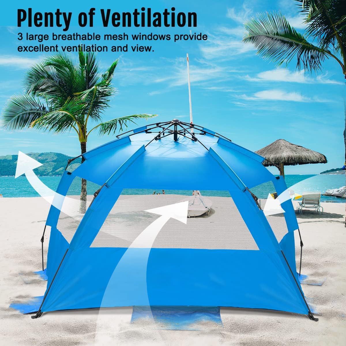 WhiteFang Deluxe XL Pop Up Beach Tent Sun Shade Shelter for 3-4 Person, UV Protection, Extendable Floor with 3 Ventilating Windows Plus Carrying Bag, Stakes, and Guy Lines (Solid Blue)