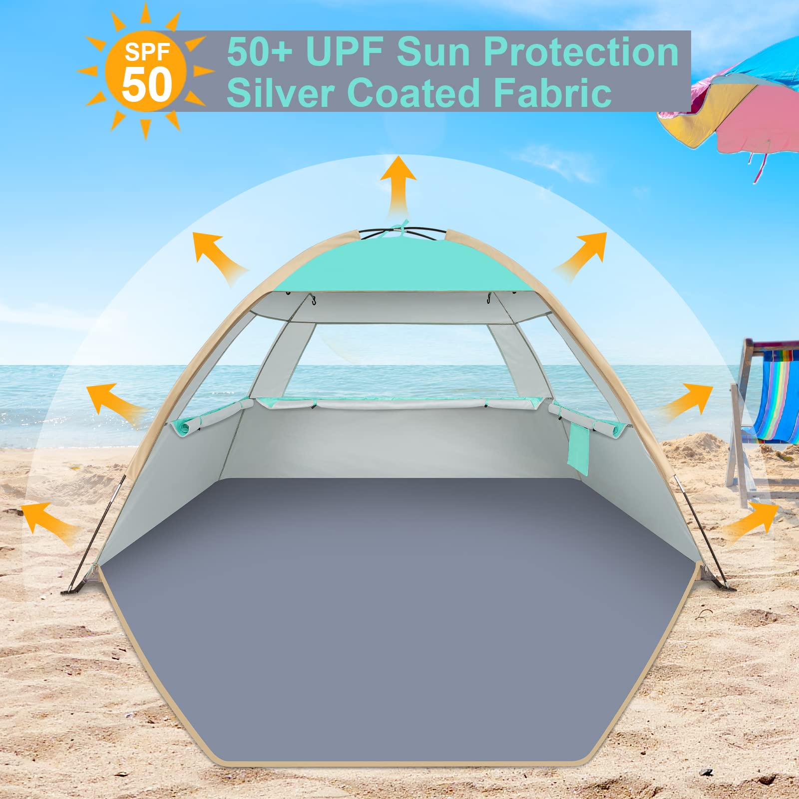 WhiteFang Beach Tent Sun Shelter for 3/4-5/6-7/8-10 Person with UPF 50＋ UV Protection, Lightweight & Easy Setup Beach Shade Canopy, Portable Beach Shade Tent Beach Cabana