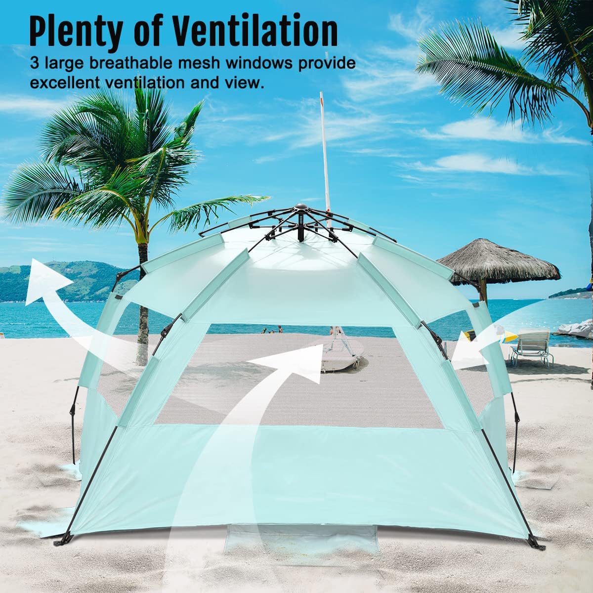 WhiteFang Deluxe XL Pop Up Beach Tent Sun Shade Shelter for 3-4 Person, UV Protection, Extendable Floor with 3 Ventilating Windows Plus Carrying Bag, Stakes, and Guy Lines (Mint Green)