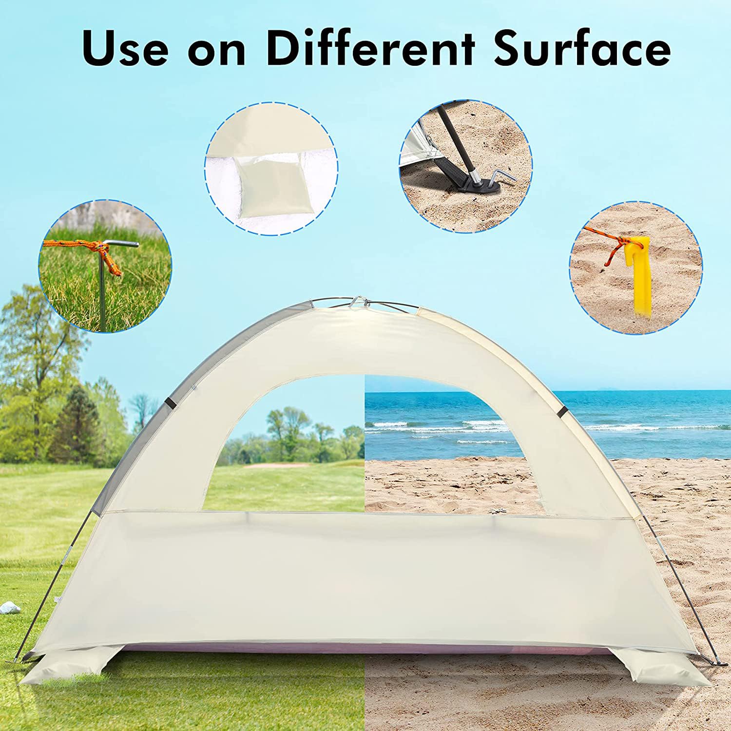 WhiteFang Beach Tent Anti-UV Portable Sun Shade Shelter for 3 Person, Extendable Floor with 3 Ventilating Mesh Windows Plus Carrying Bag, Stakes and Guy Lines (Baby's breath)