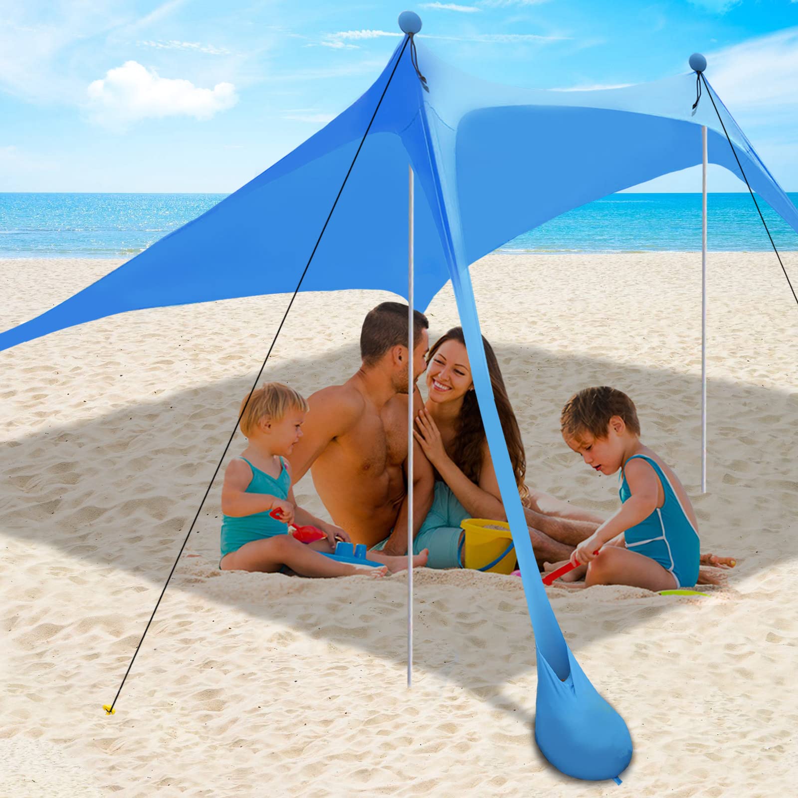 WhiteFang Beach Canopy Tent Sun Shade with UPF 50+ UV Protection, Beach Tent Sun Shelter with Sandbags, Poles and Ground Pegs and Anti-Wind Ropes for Outdoor, Camping, Backyard and Picnics