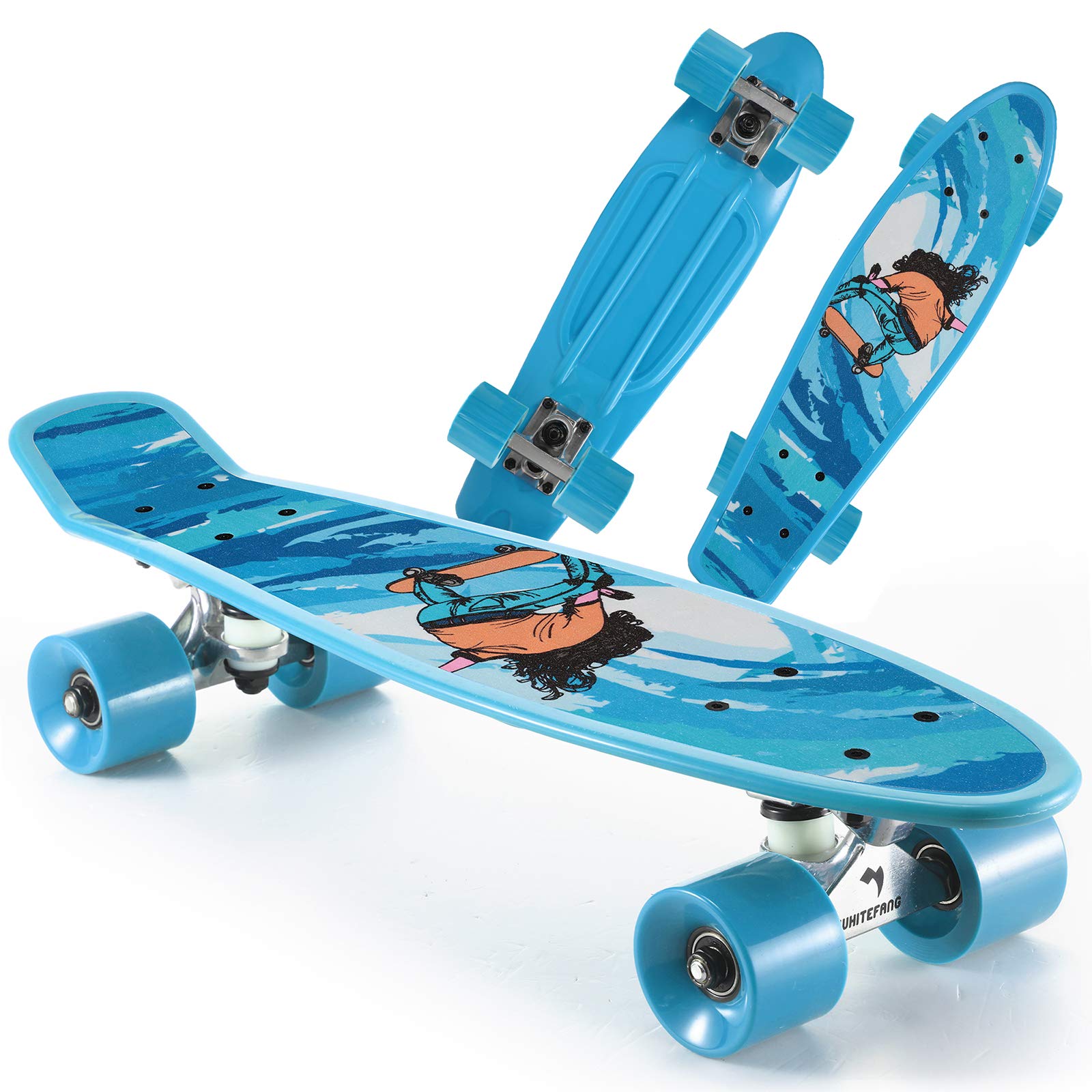 WhiteFang Skateboards 22 inches Kids Skateboard with Colorful PU Wheels, Mini Cruiser Skateboards for Boys Girls Beginners (Surf)