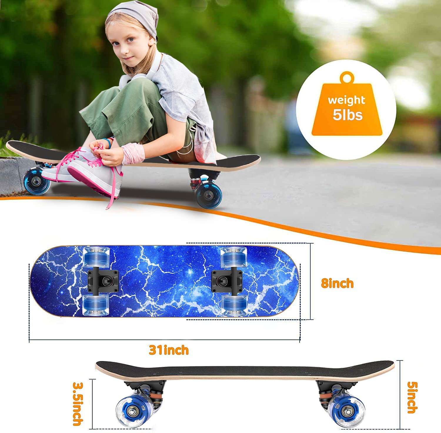 WhiteFang Skateboards with Colorful Flashing Wheels for Beginners,Kids,Teens,Adults,31 x 8 Inch Complete Standard Skate Boards 9 Layer Canadian Maple Deck Concave Skateboard