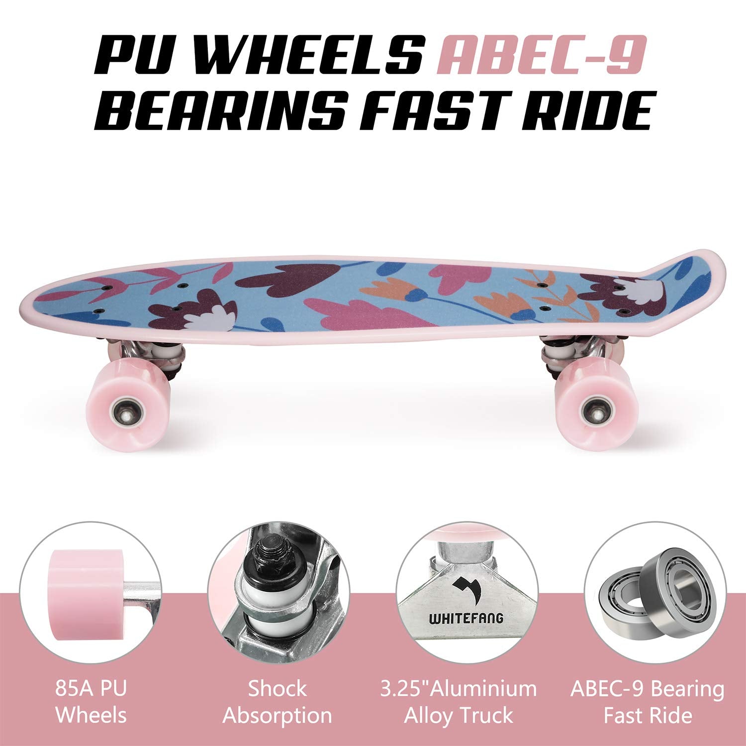 WhiteFang Skateboards 22 inches Kids Skateboard with Colorful PU Wheels, Mini Cruiser Skateboards for Boys Girls Beginners (Flow)