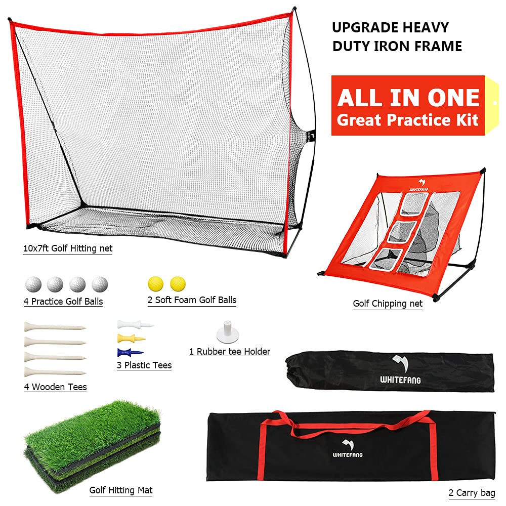 WhiteFang Golf Net Bundle Golf Practice Net 10x7 feet with Golf Chipping Nets Golf Hitting Mat & Golf Balls Packed in Carry Bag for Backyard Driving Indoor Outdoor (4 in 1)