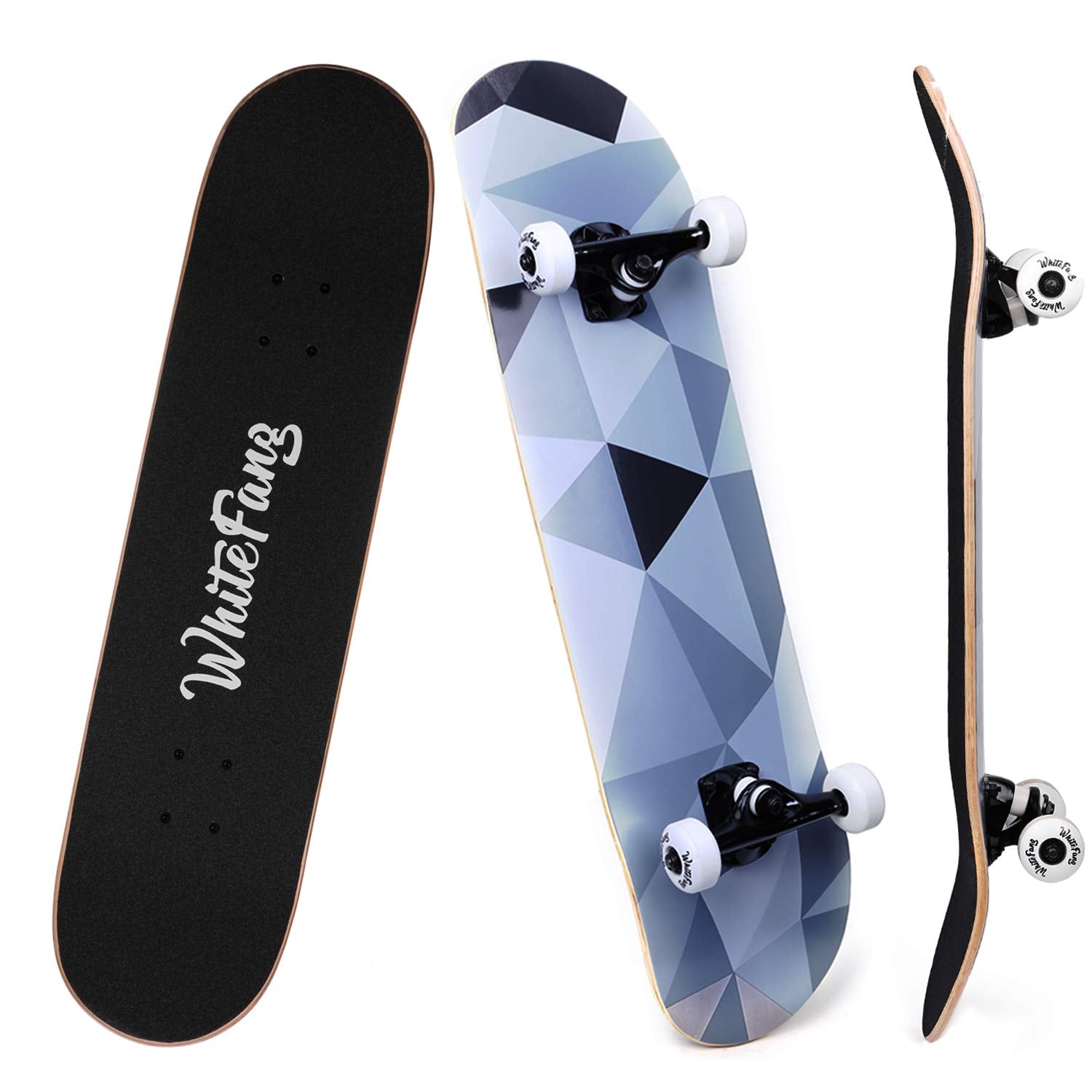 WhiteFang Skateboards, Complete Skateboard 31 x 7.88, 7 Layer Canadian Maple Double Kick Concave Standard and Tricks for Kids and Beginners (Diamond)