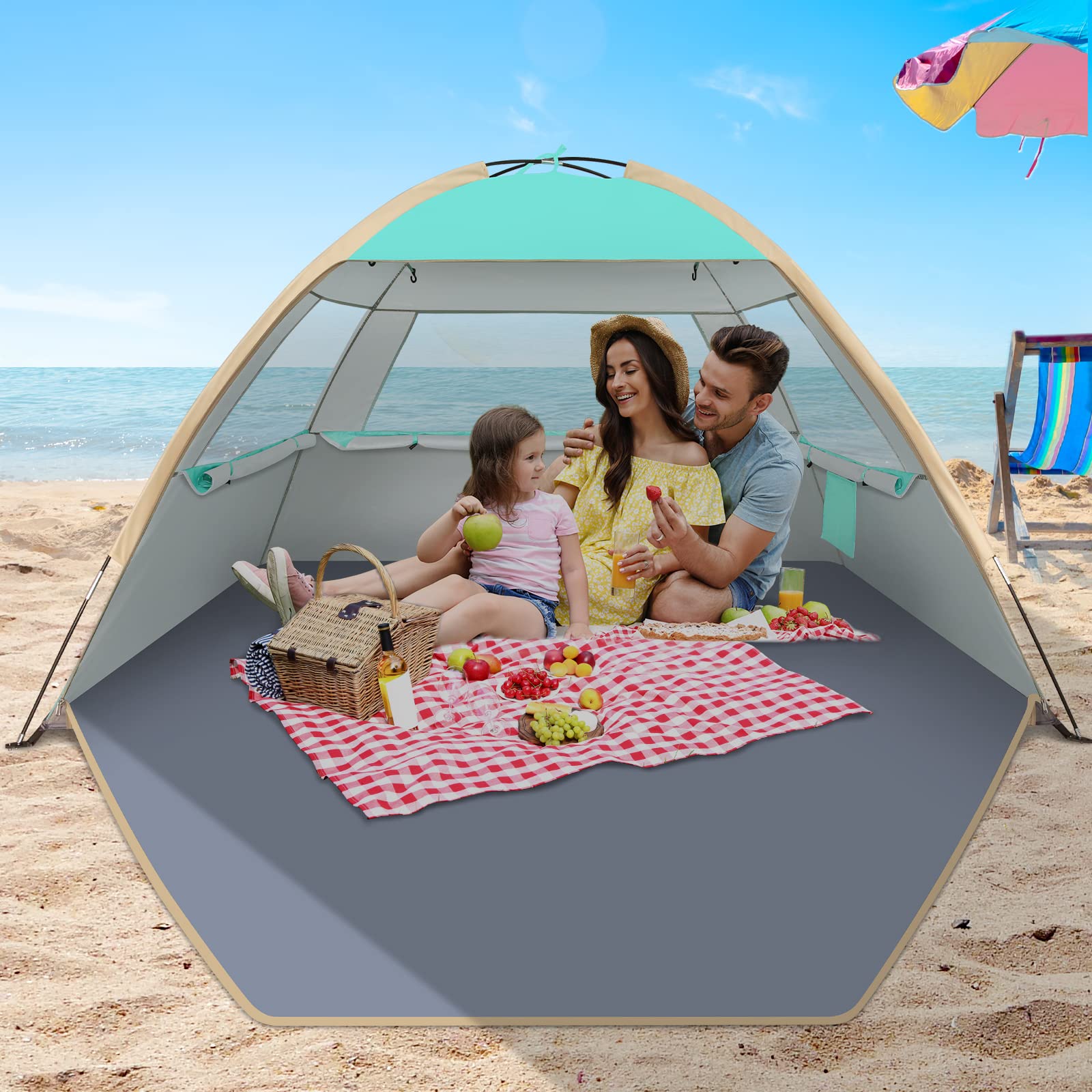 WhiteFang Beach Tent Sun Shelter for 3/4-5/6-7/8-10 Person with UPF 50＋ UV Protection, Lightweight & Easy Setup Beach Shade Canopy, Portable Beach Shade Tent Beach Cabana