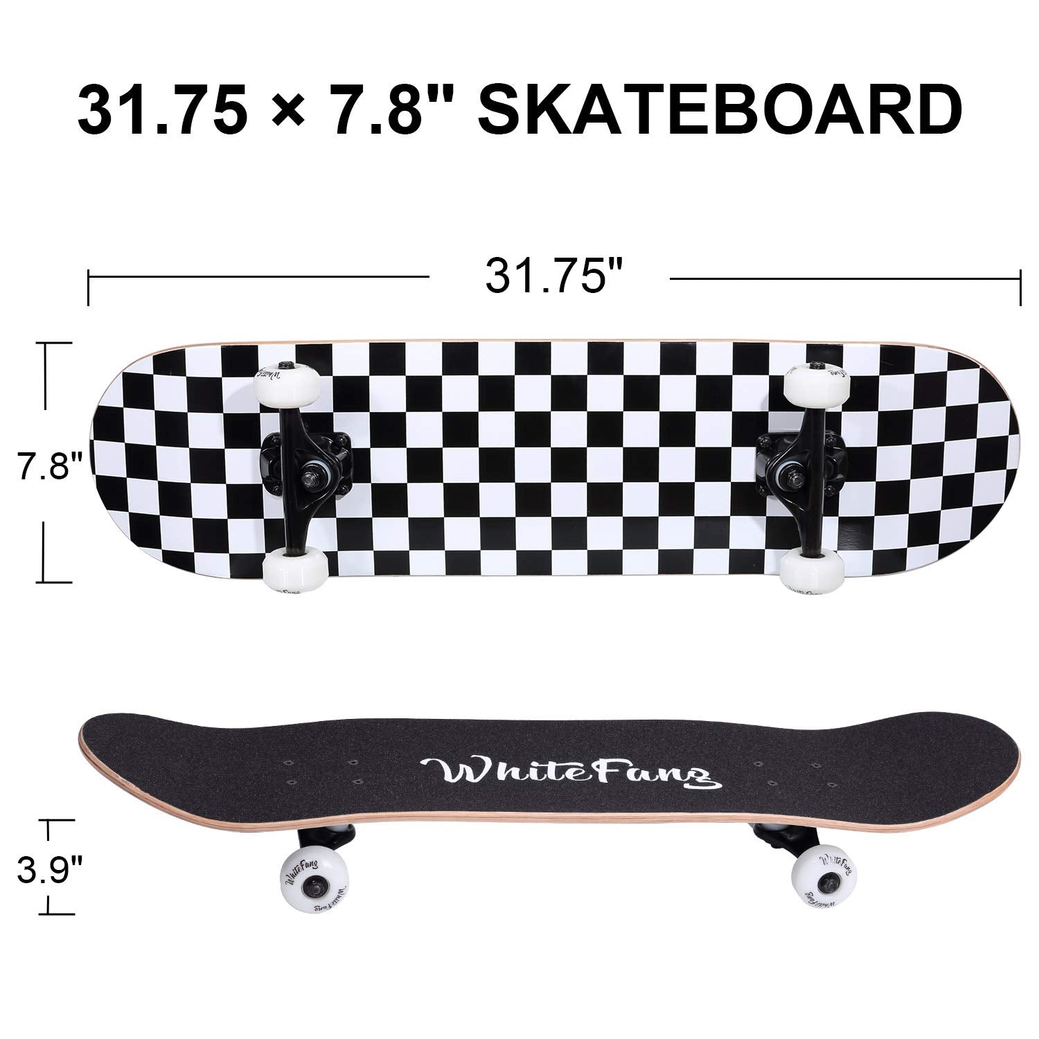 WhiteFang Skateboards for Beginners, Complete Skateboard 31 x 7.88, 7 Layer Canadian Maple Double Kick Concave Standard and Tricks Skateboards for Kids and Beginners (Check)