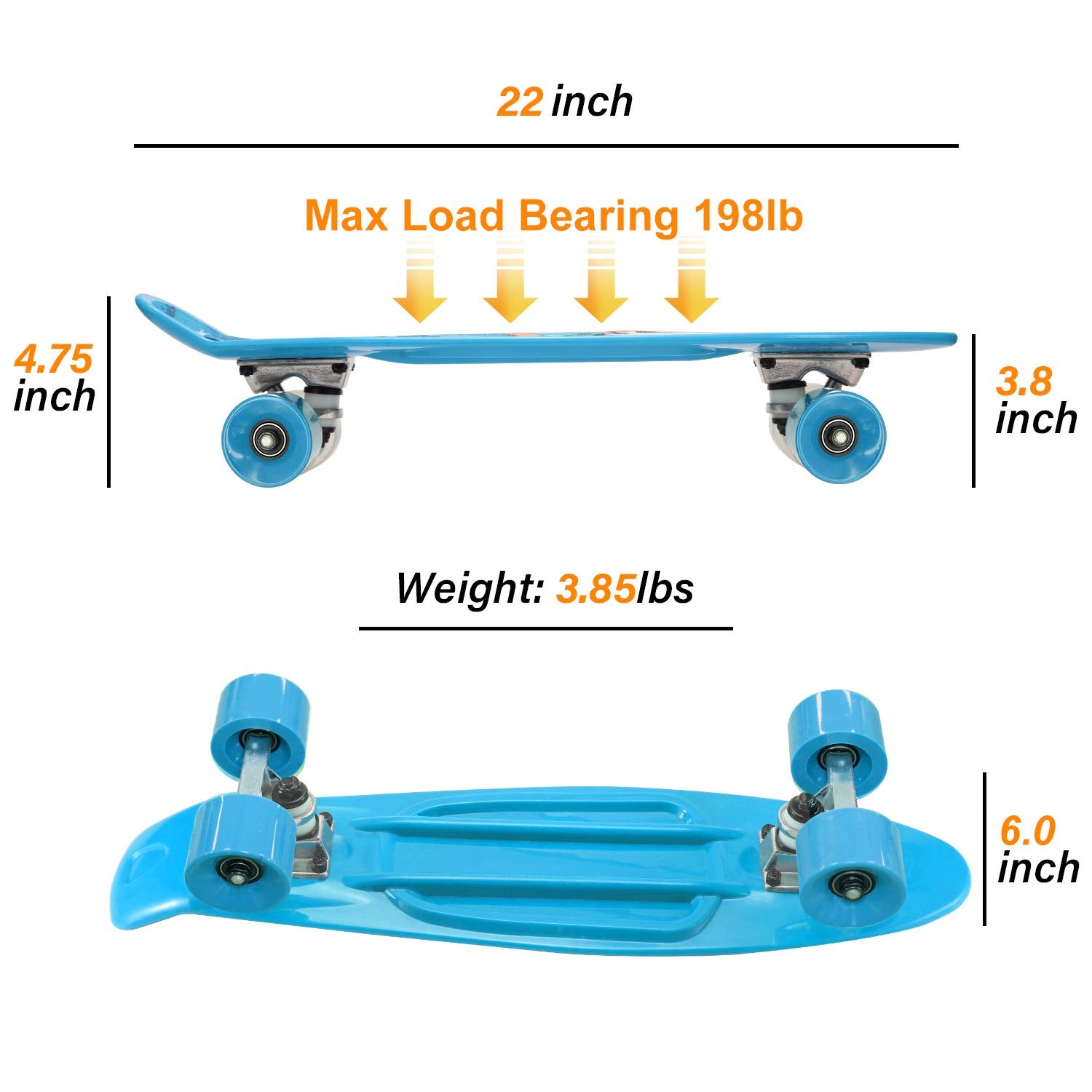 WhiteFang Skateboards 22 inches Kids Skateboard with Colorful PU Wheels, Mini Cruiser Skateboards for Boys Girls Beginners (Surf)