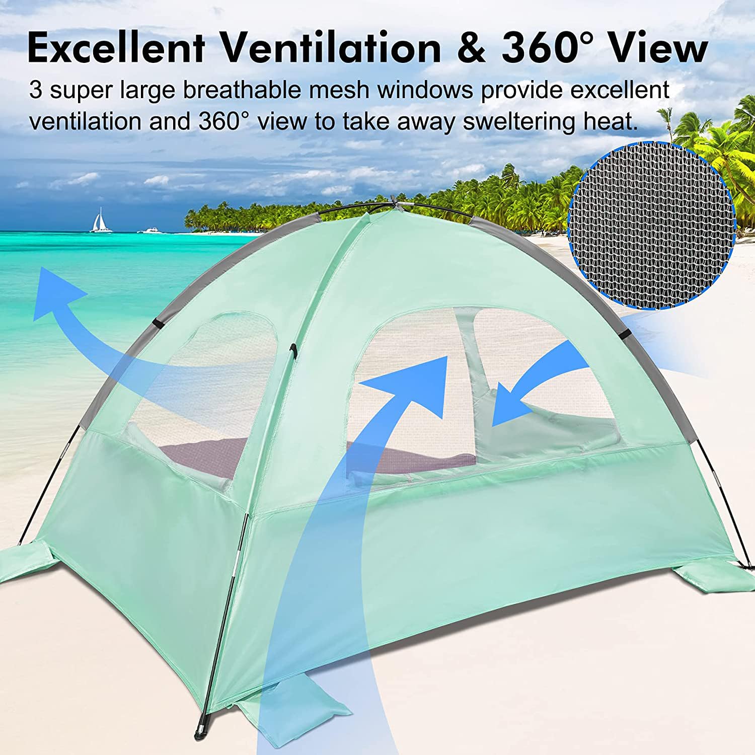 WhiteFang Beach Tent Anti-UV Portable Sun Shade Shelter for 3 Person, Extendable Floor with 3 Ventilating Mesh Windows Plus Carrying Bag, Stakes and Guy Lines (Mint Green)