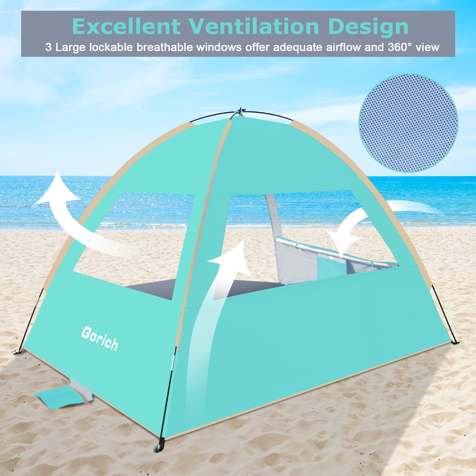 WhiteFang Beach Tent Sun Shelter for 3/4-5/6-7/8-10 Person with UPF 50＋ UV Protection, Lightweight & Easy Setup Beach Shade Canopy, Portable Beach Shade Tent Beach Cabana