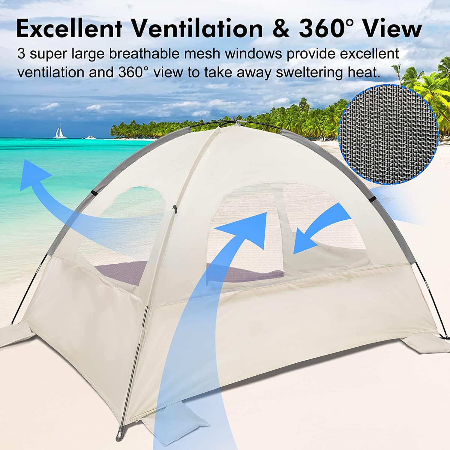 WhiteFang Beach Tent Anti-UV Portable Sun Shade Shelter for 3 Person, Extendable Floor with 3 Ventilating Mesh Windows Plus Carrying Bag, Stakes and Guy Lines (Baby's breath)