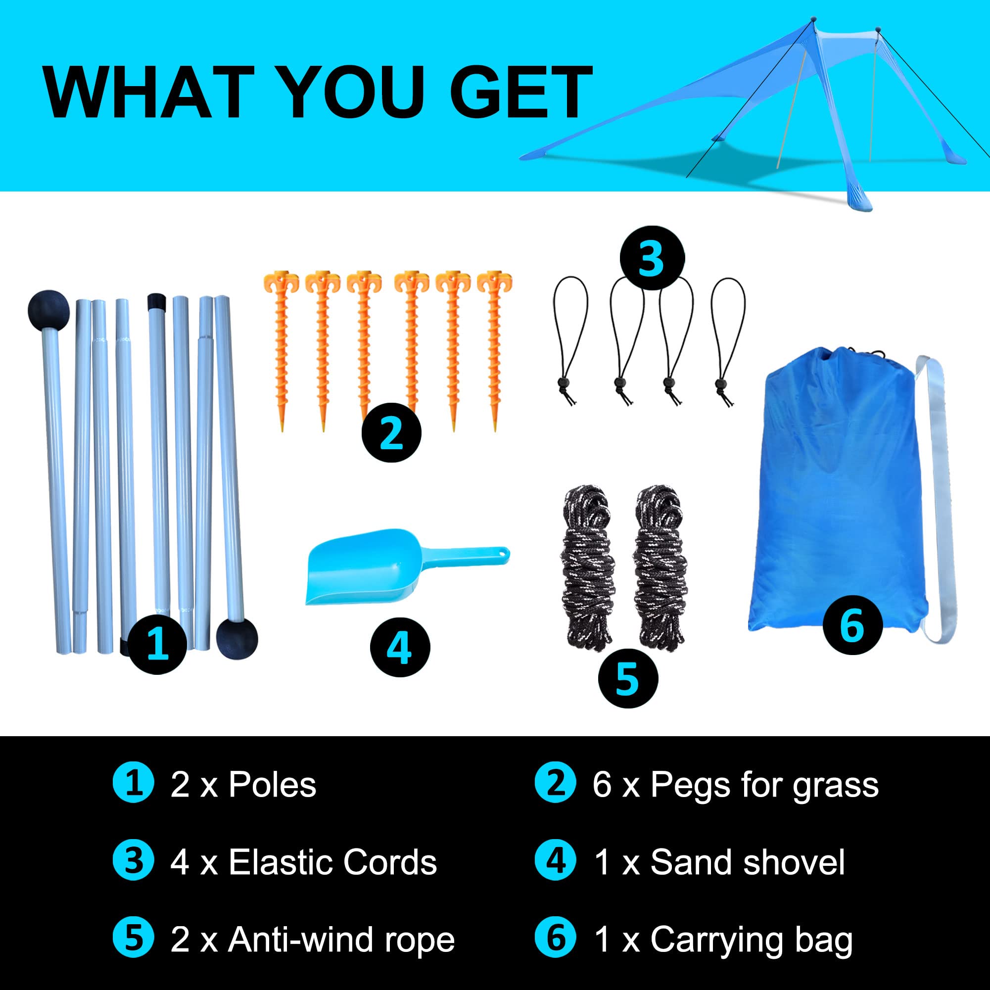 WhiteFang Beach Canopy Tent Sun Shade with UPF 50+ UV Protection, Beach Tent Sun Shelter with Sandbags, Poles and Ground Pegs and Anti-Wind Ropes for Outdoor, Camping, Backyard and Picnics