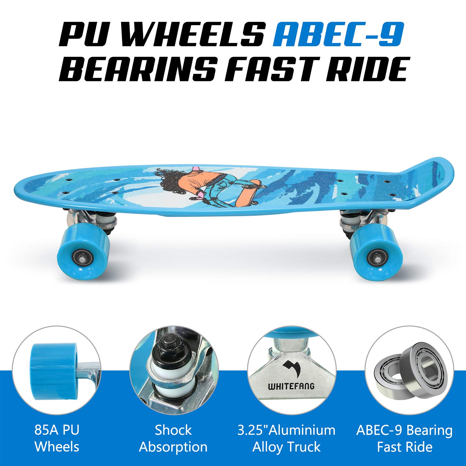 WhiteFang Skateboards 22 inches Kids Skateboard with Colorful PU Wheels, Mini Cruiser Skateboards for Boys Girls Beginners (Surf)