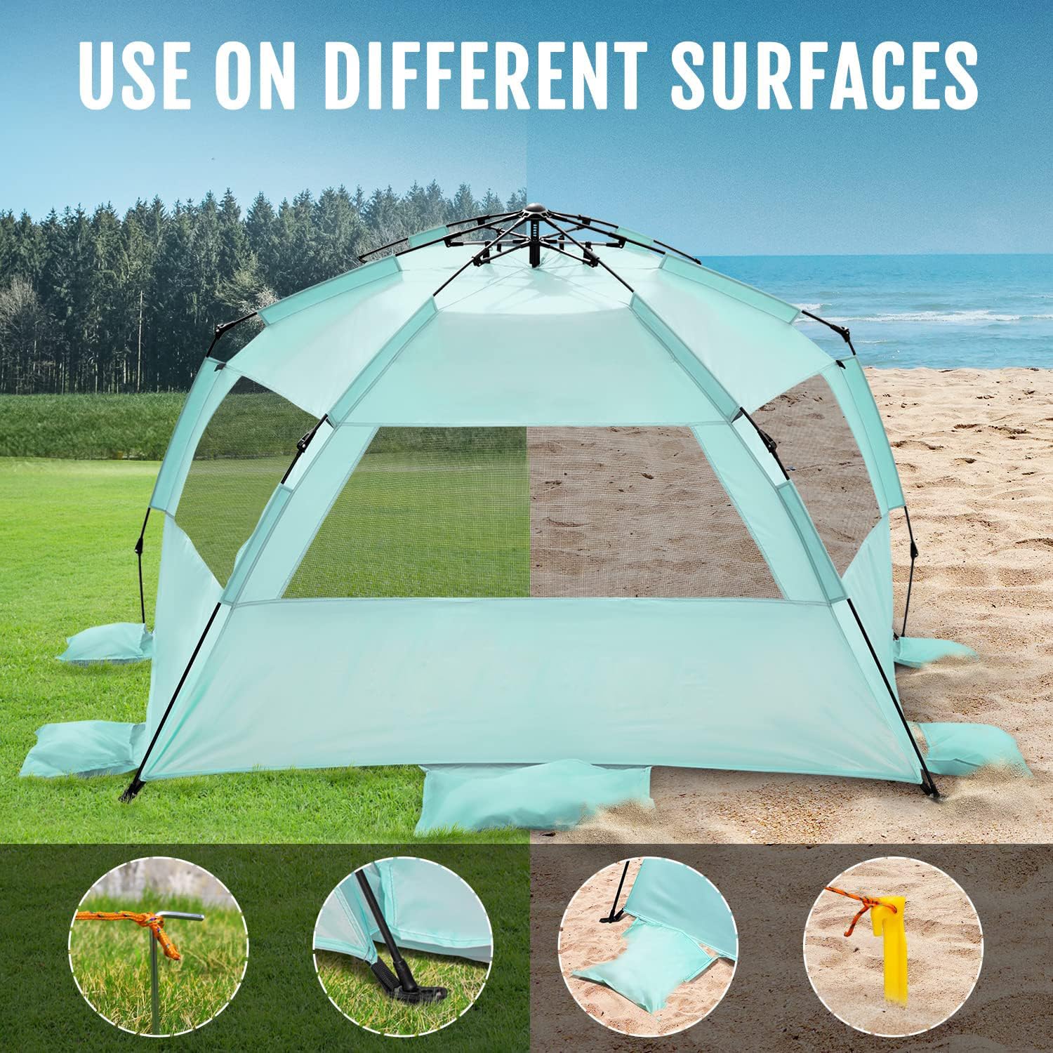 WhiteFang Deluxe XL Pop Up Beach Tent Sun Shade Shelter for 3-4 Person, UV Protection, Extendable Floor with 3 Ventilating Windows Plus Carrying Bag, Stakes, and Guy Lines (Mint Green)