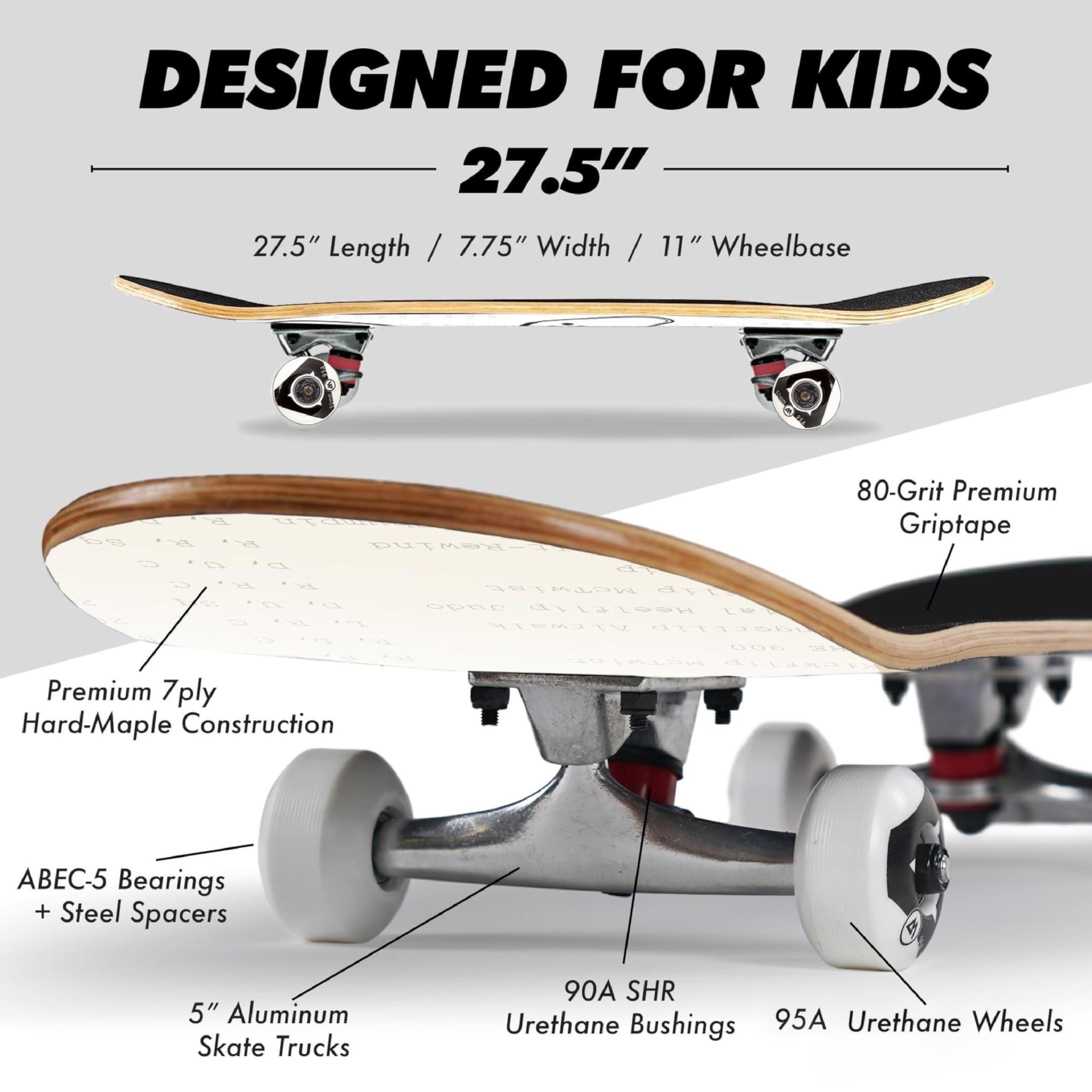 WhiteFang Complete Skateboard | Maple Wood | ABEC 5 Bearings | Double Kick Concave Deck | Kids Skateboard Cruiser Skateboard | Skateboards for Beginners, Teens & Adults (Free Stickers Included)