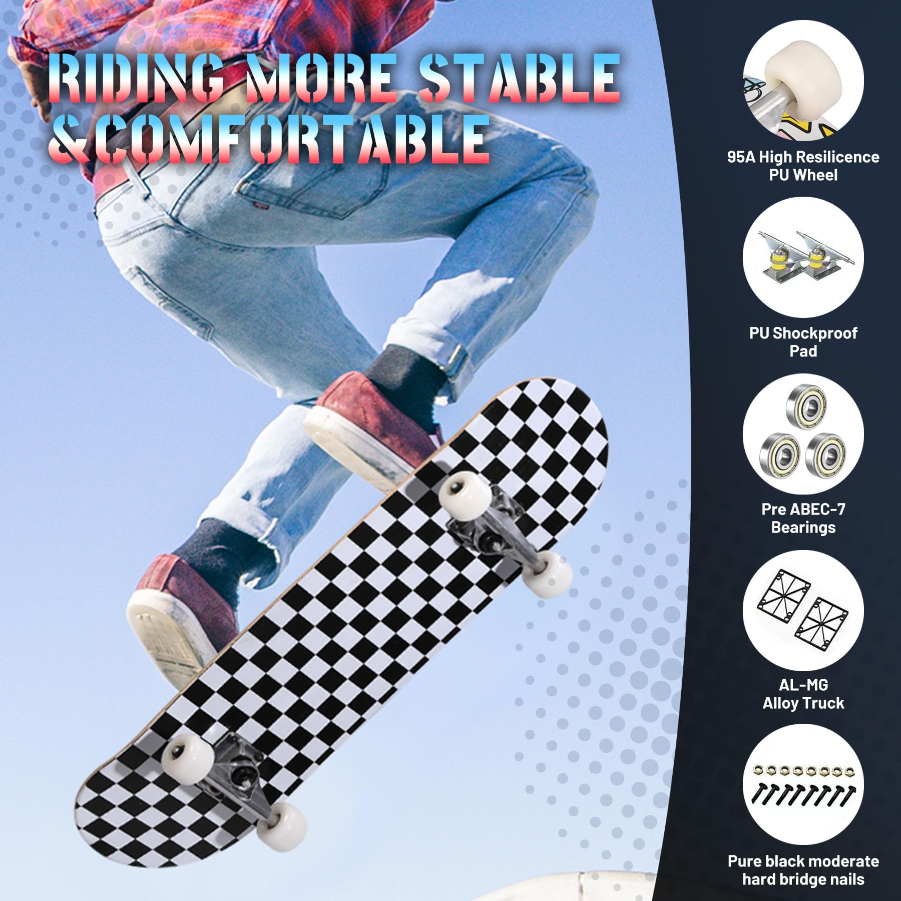 WhiteFang Pro Complete Skateboards for Beginners Girls Boys Kids Youths Teens Adults 31