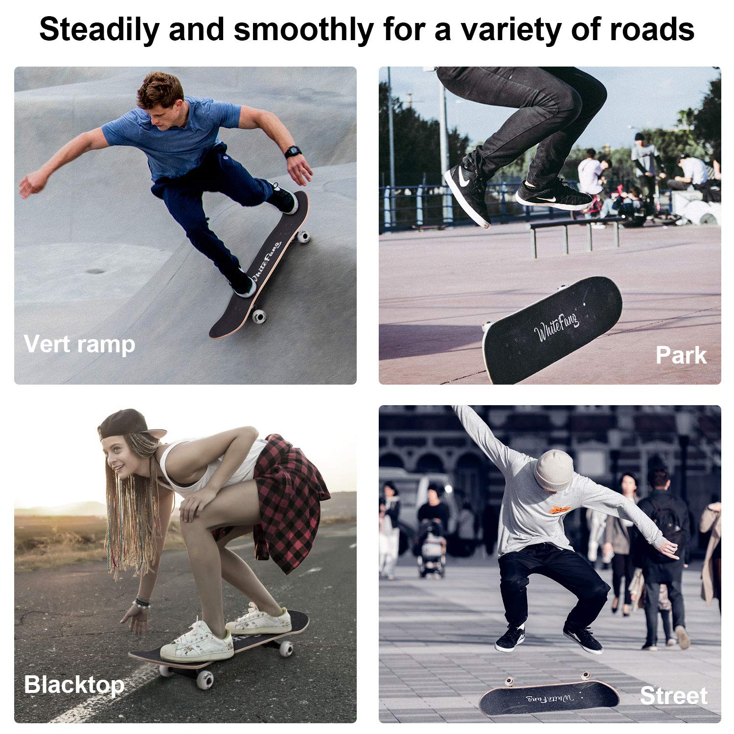 WhiteFang Skateboards for Beginners, Complete Skateboard 31 x 7.88, 7 Layer Canadian Maple Double Kick Concave Standard and Tricks Skateboards for Kids and Beginners (Check)