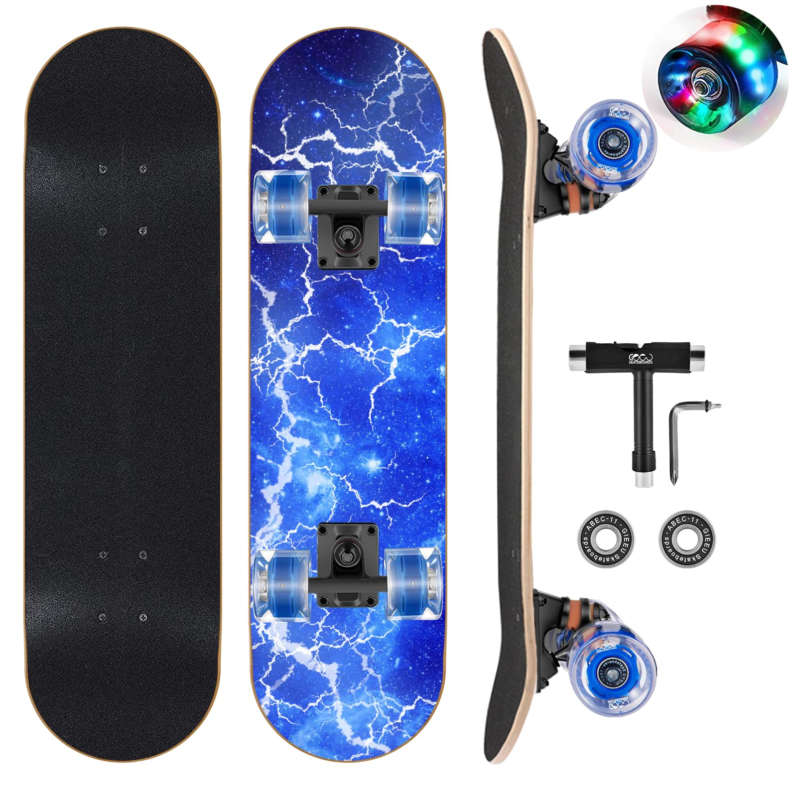 WhiteFang Skateboards with Colorful Flashing Wheels for Beginners,Kids,Teens,Adults,31 x 8 Inch Complete Standard Skate Boards 9 Layer Canadian Maple Deck Concave Skateboard