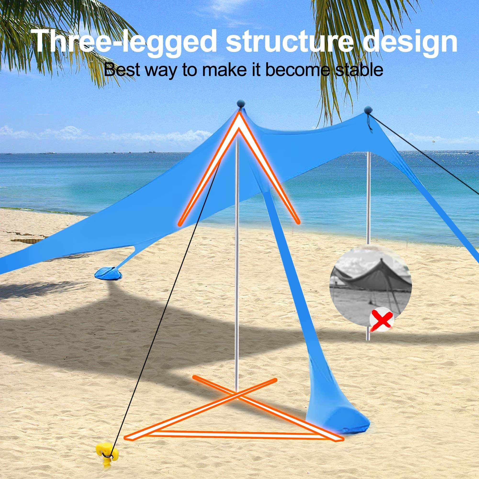 WhiteFang Beach Canopy Tent Sun Shade with UPF 50+ UV Protection, Beach Tent Sun Shelter with Sandbags, Poles and Ground Pegs and Anti-Wind Ropes for Outdoor, Camping, Backyard and Picnics