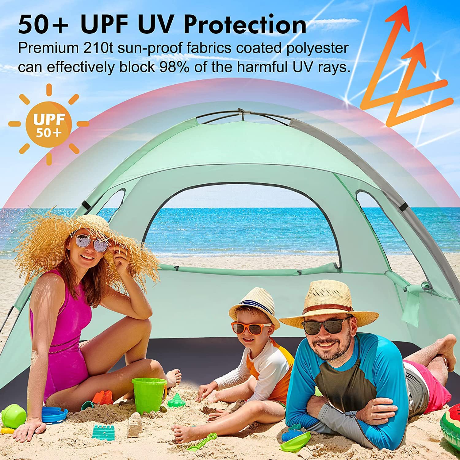 WhiteFang Beach Tent Anti-UV Portable Sun Shade Shelter for 3 Person, Extendable Floor with 3 Ventilating Mesh Windows Plus Carrying Bag, Stakes and Guy Lines (Mint Green)