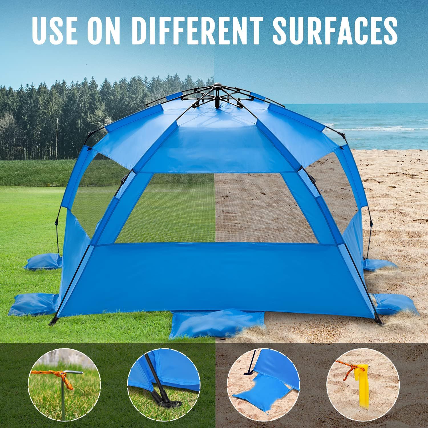 WhiteFang Deluxe XL Pop Up Beach Tent Sun Shade Shelter for 3-4 Person, UV Protection, Extendable Floor with 3 Ventilating Windows Plus Carrying Bag, Stakes, and Guy Lines (Solid Blue)