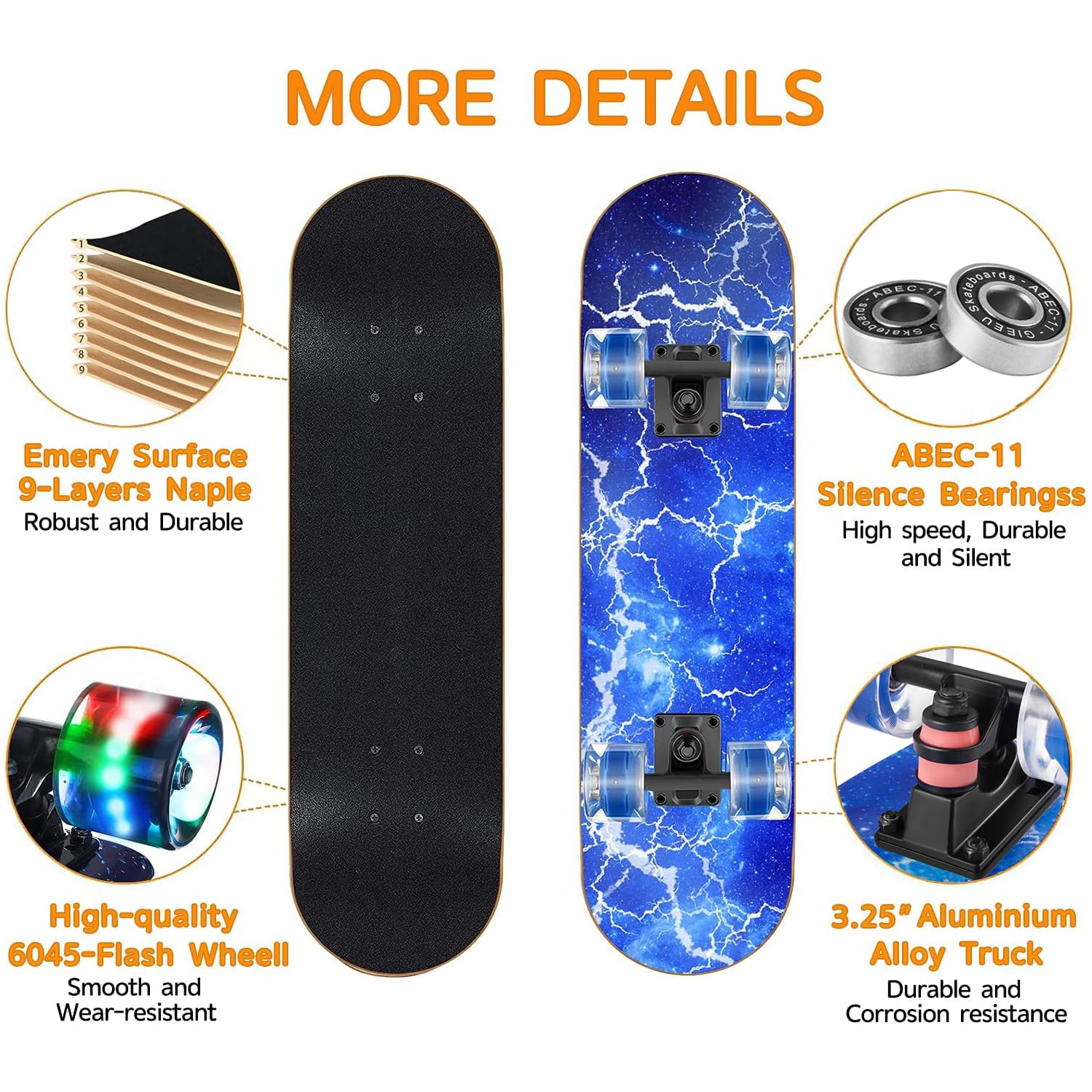 WhiteFang Skateboards with Colorful Flashing Wheels for Beginners,Kids,Teens,Adults,31 x 8 Inch Complete Standard Skate Boards 9 Layer Canadian Maple Deck Concave Skateboard