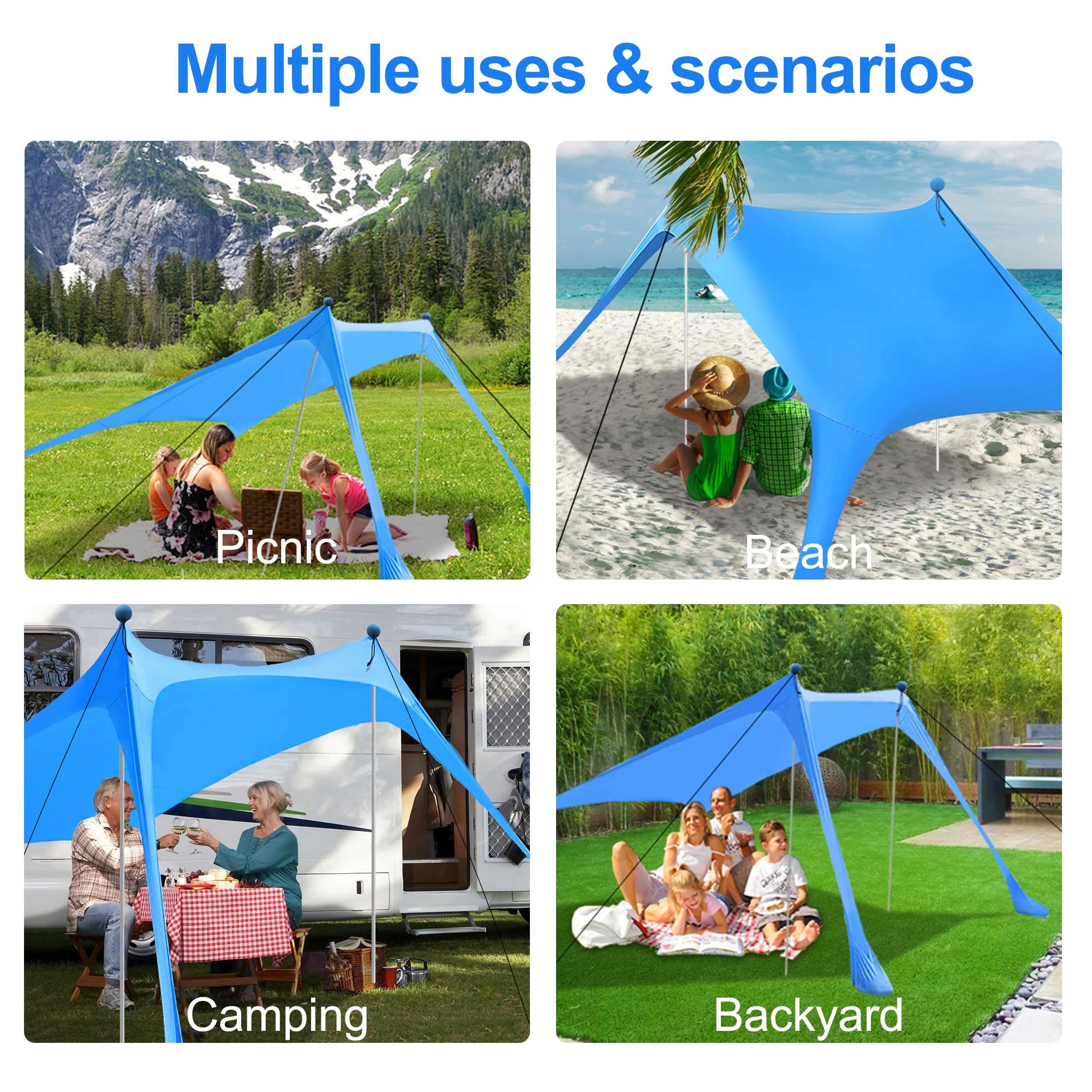 WhiteFang Beach Canopy Tent Sun Shade with UPF 50+ UV Protection, Beach Tent Sun Shelter with Sandbags, Poles and Ground Pegs and Anti-Wind Ropes for Outdoor, Camping, Backyard and Picnics