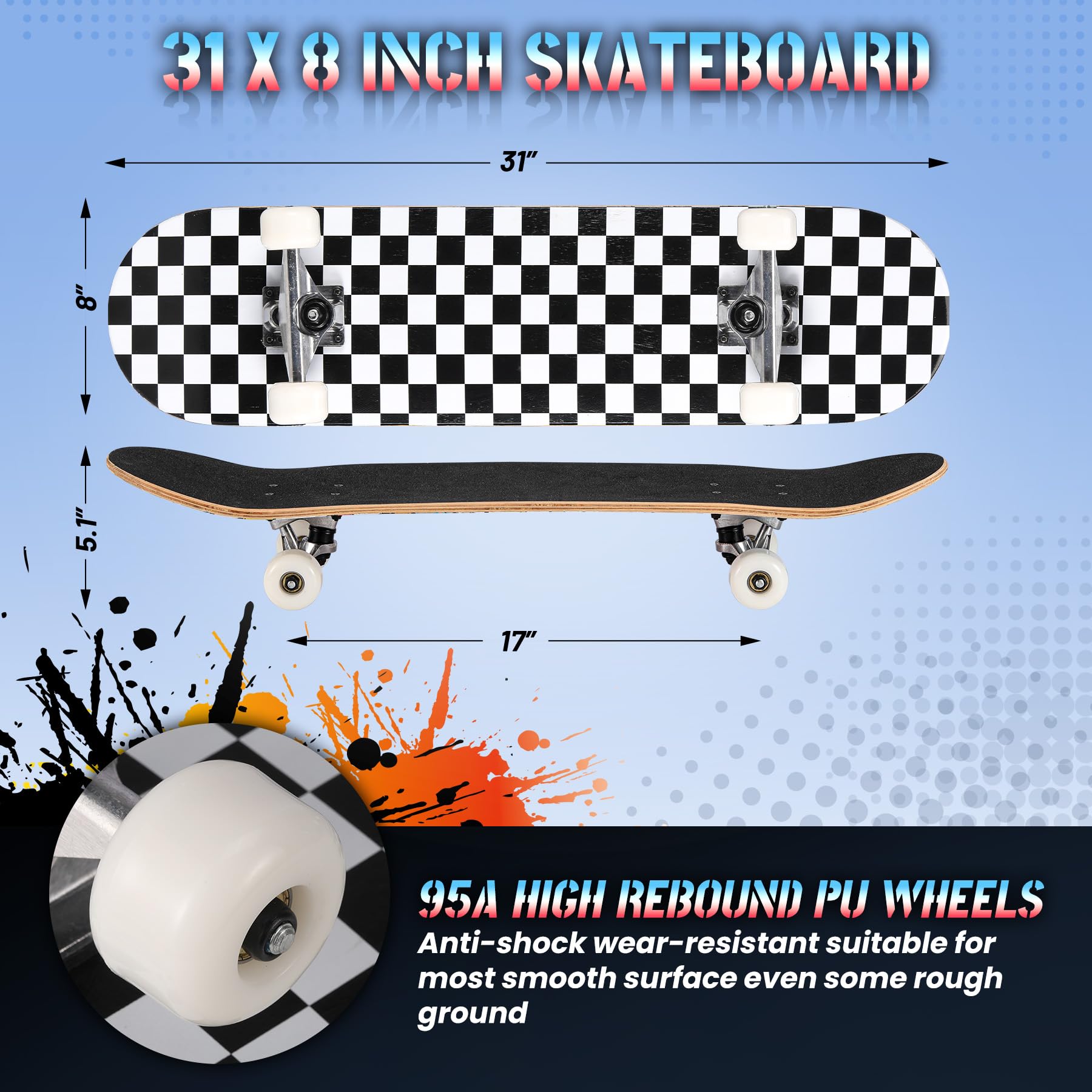 WhiteFang Pro Complete Skateboards for Beginners Girls Boys Kids Youths Teens Adults 31