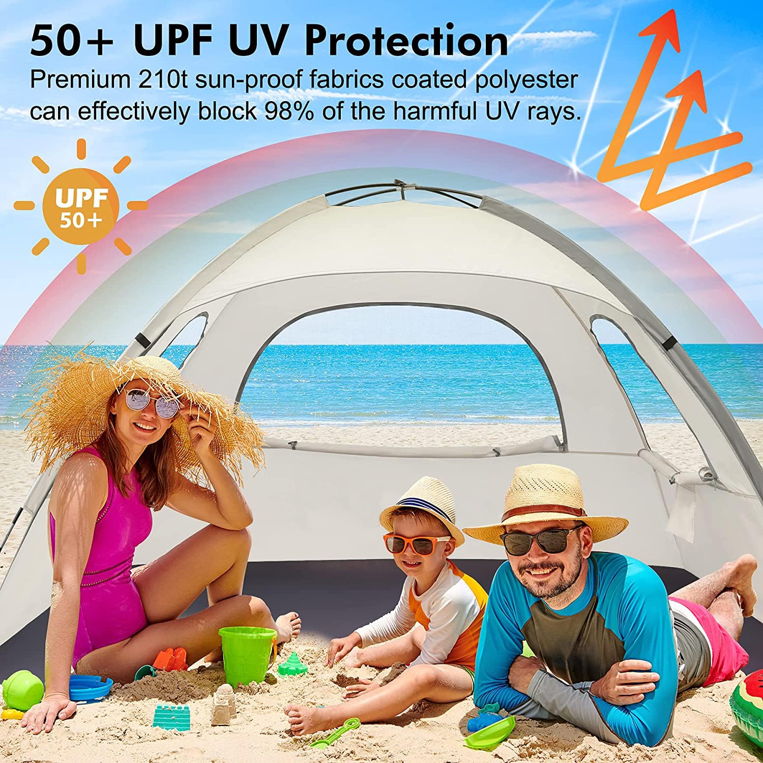 WhiteFang Beach Tent Anti-UV Portable Sun Shade Shelter for 3 Person, Extendable Floor with 3 Ventilating Mesh Windows Plus Carrying Bag, Stakes and Guy Lines (Baby's breath)