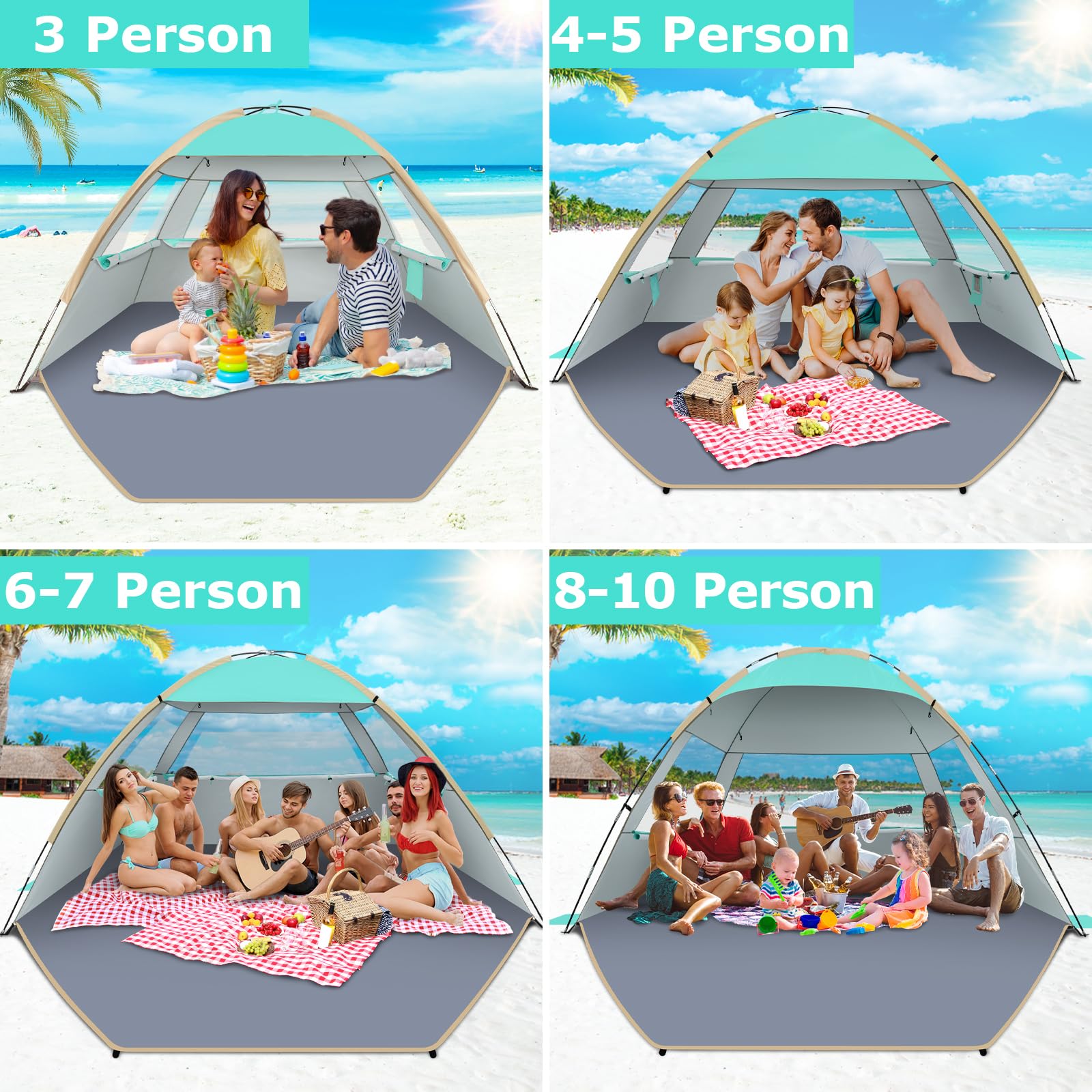 WhiteFang Beach Tent Sun Shelter for 3/4-5/6-7/8-10 Person with UPF 50＋ UV Protection, Lightweight & Easy Setup Beach Shade Canopy, Portable Beach Shade Tent Beach Cabana